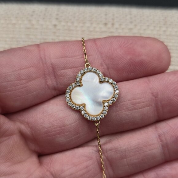 7.5 Inch Gold Over Sterling Silver White Shell And Cubic Zirconia Bracelet A6309 - Picture 3 of 7